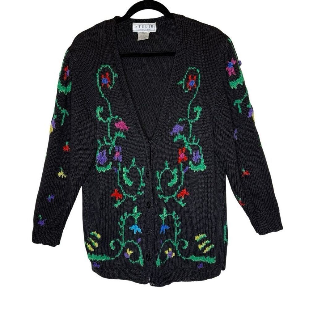 Vintage Studio Michelle Stuart Black Floral Intarsia Knit Cardigan Sweater Sz M